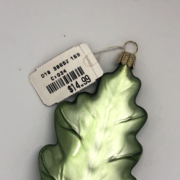 Large 6” Green Oak Leaf Glass Blown With Gold Glitter Holiday Ornament Germany - Picture 4 of 6